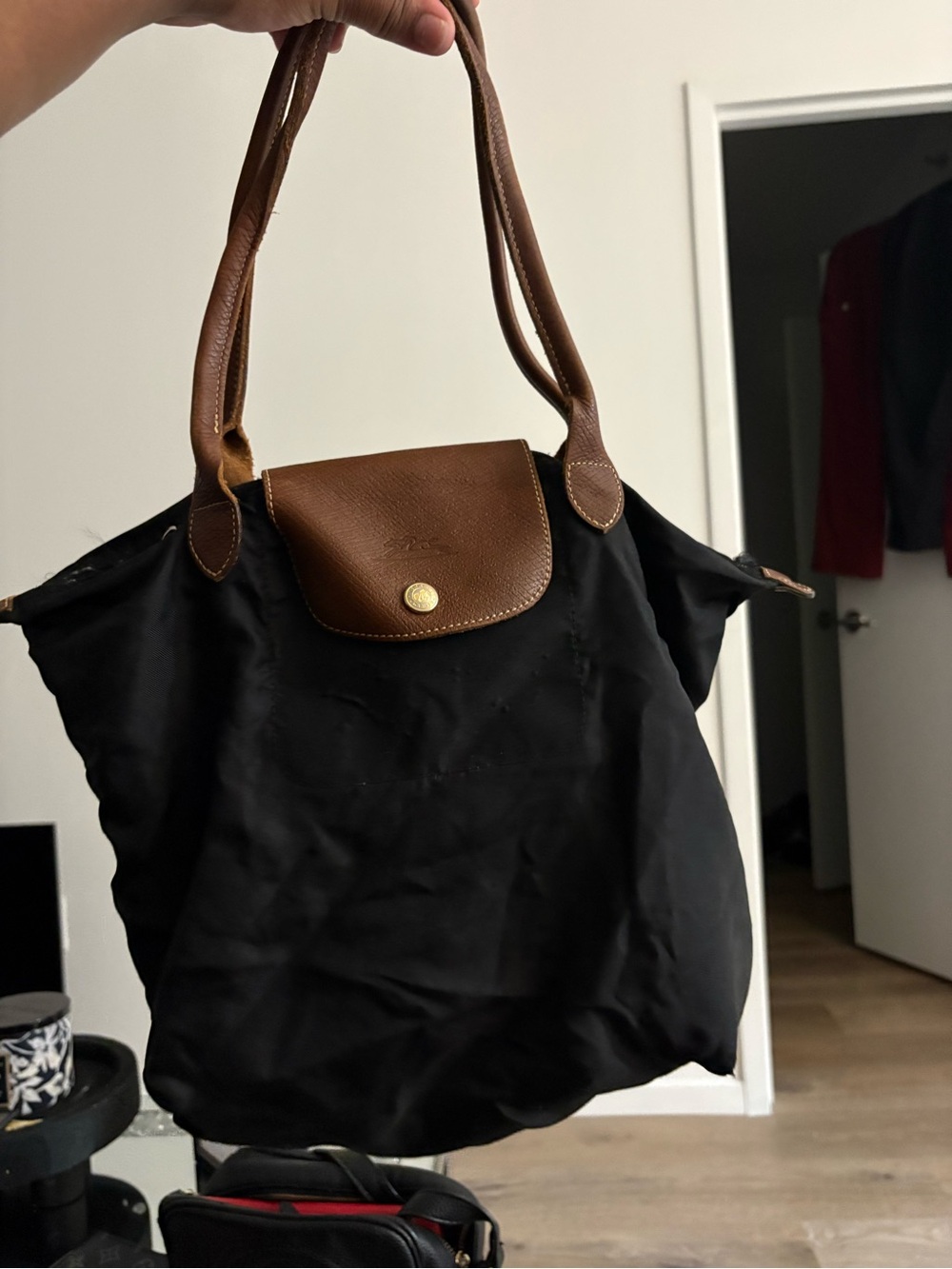 Longchamp Black Nylon Tote with Brown Leather Flap - Picture 2 of 2